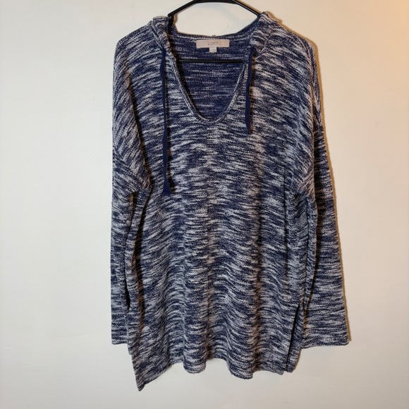 LOFT Blue & White Knit Hoodie V Neck Long Sleeve Pullover Sweater - XL - Picture 1 of 7